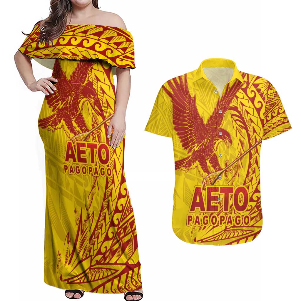 American Samoa Pago Pago Aeto Couples Matching Off Shoulder Maxi Dress and Hawaiian Shirt Wingstyle Red-Gold Color LT03 Yellow - Polynesian Pride