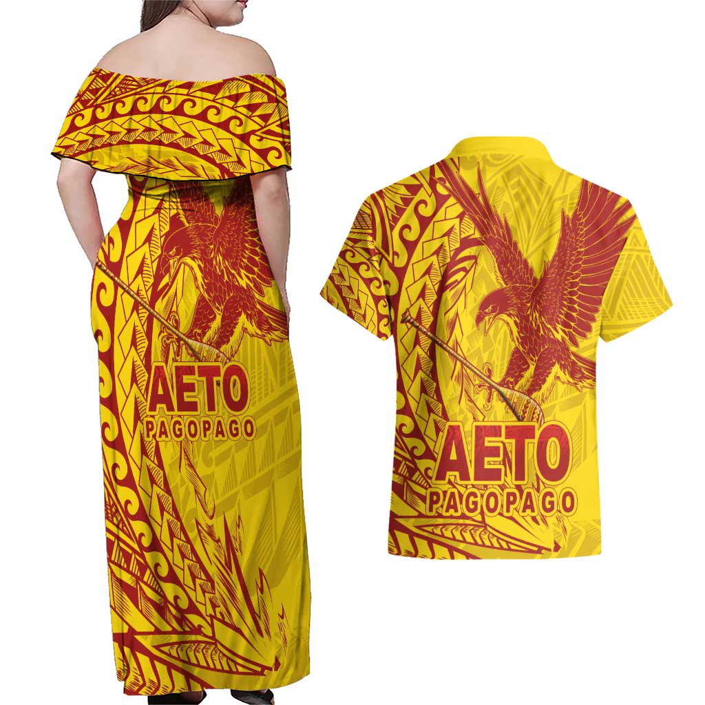 American Samoa Pago Pago Aeto Couples Matching Off Shoulder Maxi Dress and Hawaiian Shirt Wingstyle Red-Gold Color LT03 - Polynesian Pride