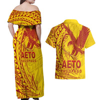 American Samoa Pago Pago Aeto Couples Matching Off Shoulder Maxi Dress and Hawaiian Shirt Wingstyle Red-Gold Color LT03 - Polynesian Pride