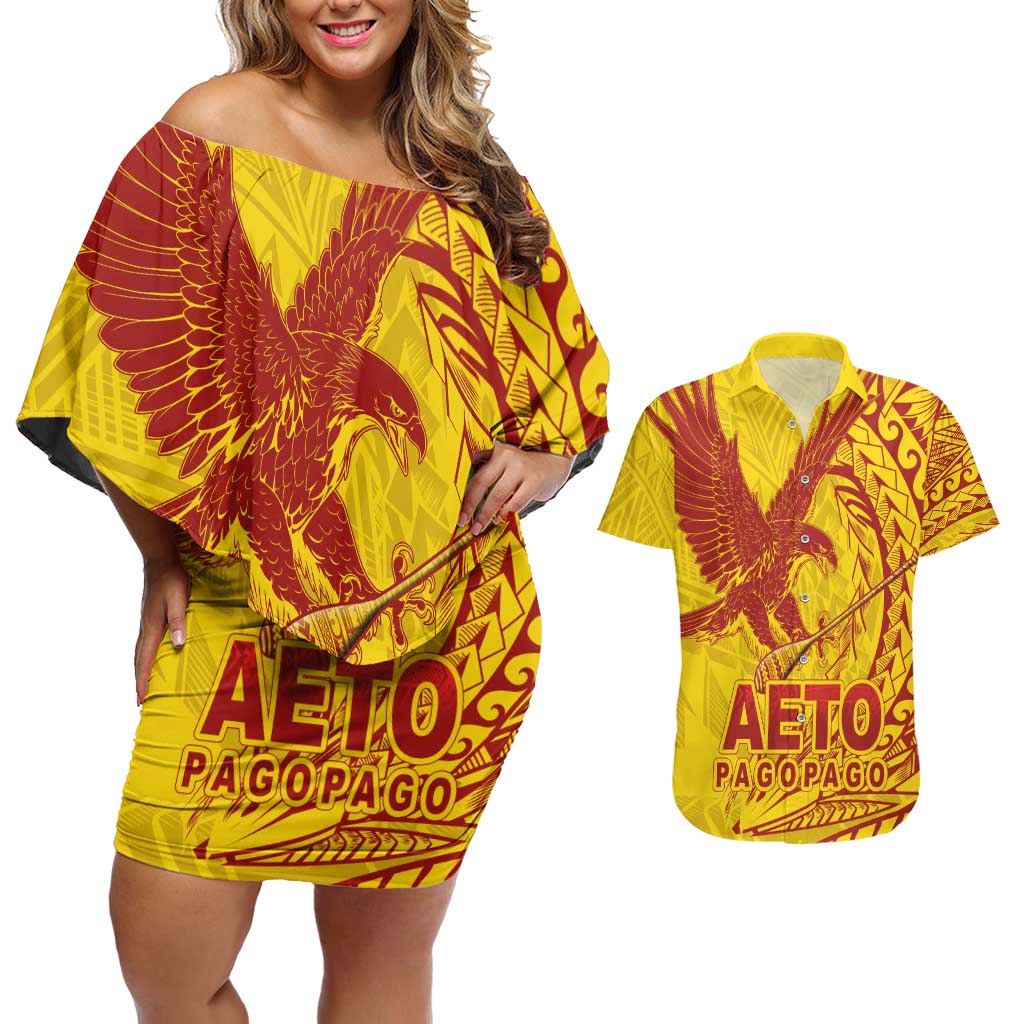 American Samoa Pago Pago Aeto Couples Matching Off Shoulder Short Dress and Hawaiian Shirt Wingstyle Red-Gold Color LT03 Yellow - Polynesian Pride