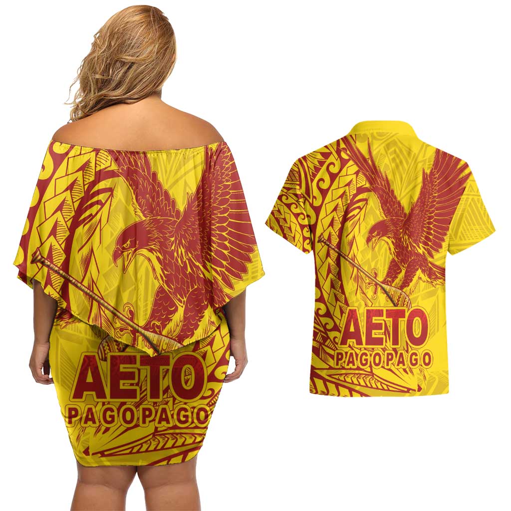 American Samoa Pago Pago Aeto Couples Matching Off Shoulder Short Dress and Hawaiian Shirt Wingstyle Red-Gold Color LT03 - Polynesian Pride