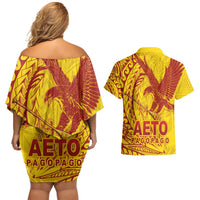 American Samoa Pago Pago Aeto Couples Matching Off Shoulder Short Dress and Hawaiian Shirt Wingstyle Red-Gold Color LT03 - Polynesian Pride