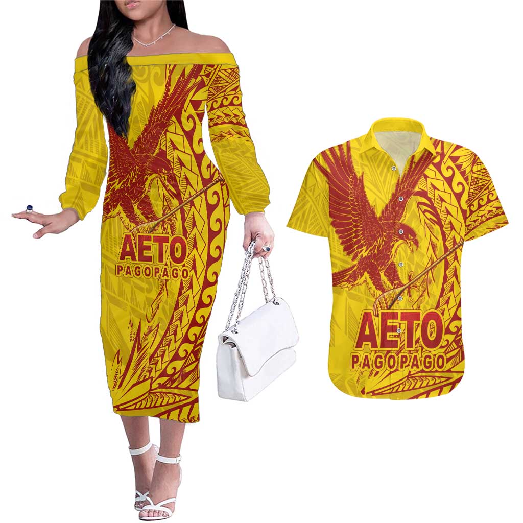 Samoa Pago Pago Aeto Couples Matching Off The Shoulder Long Sleeve Dress and Hawaiian Shirt Wingstyle Red-Gold Color - Polynesian Pride