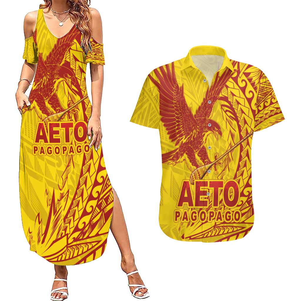 American Samoa Pago Pago Aeto Couples Matching Summer Maxi Dress and Hawaiian Shirt Wingstyle Red-Gold Color LT03 Yellow - Polynesian Pride