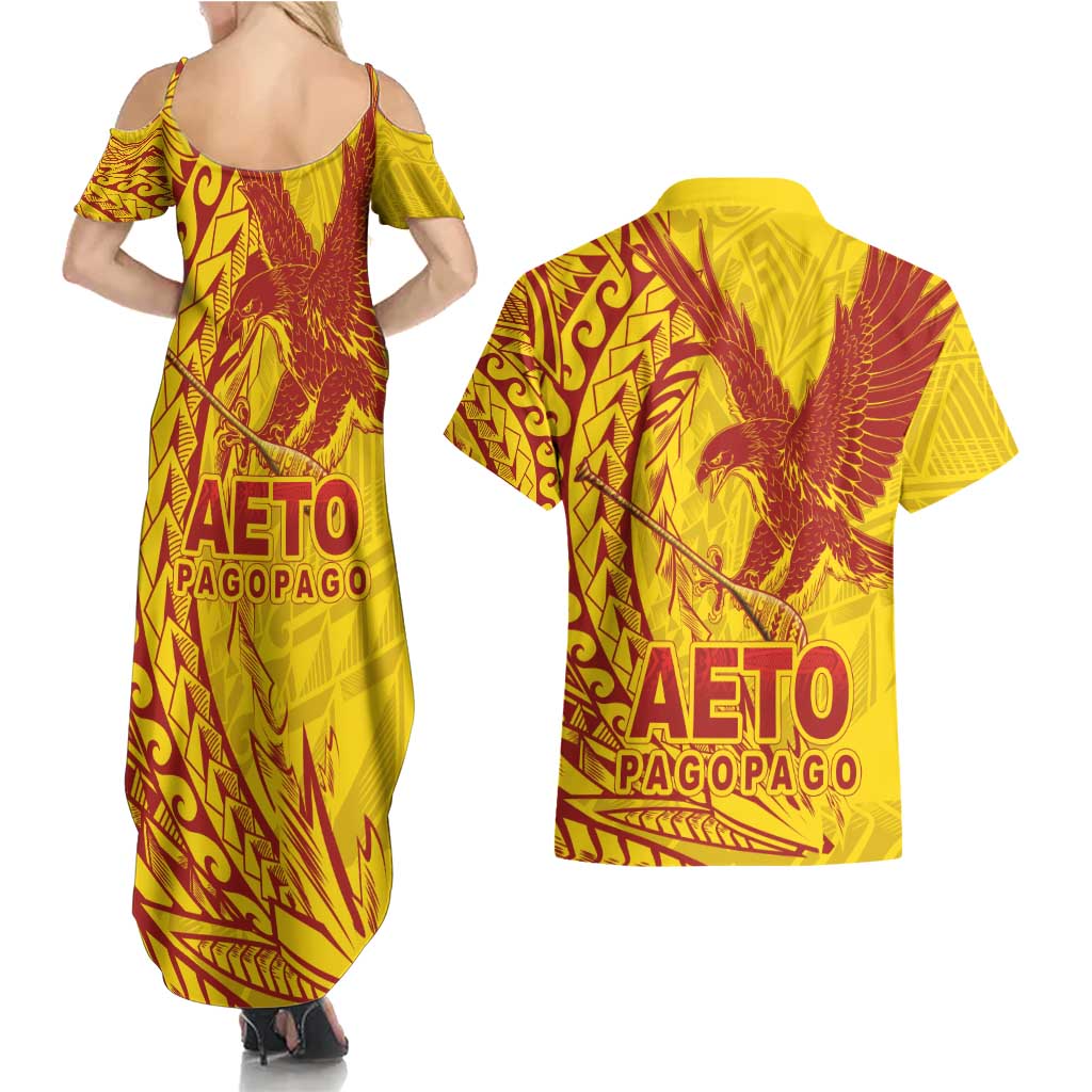 American Samoa Pago Pago Aeto Couples Matching Summer Maxi Dress and Hawaiian Shirt Wingstyle Red-Gold Color LT03 - Polynesian Pride