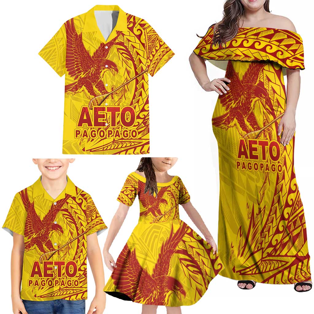 Samoa Pago Pago Aeto Family Matching Off Shoulder Maxi Dress and Hawaiian Shirt Wingstyle Red-Gold Color - Polynesian Pride