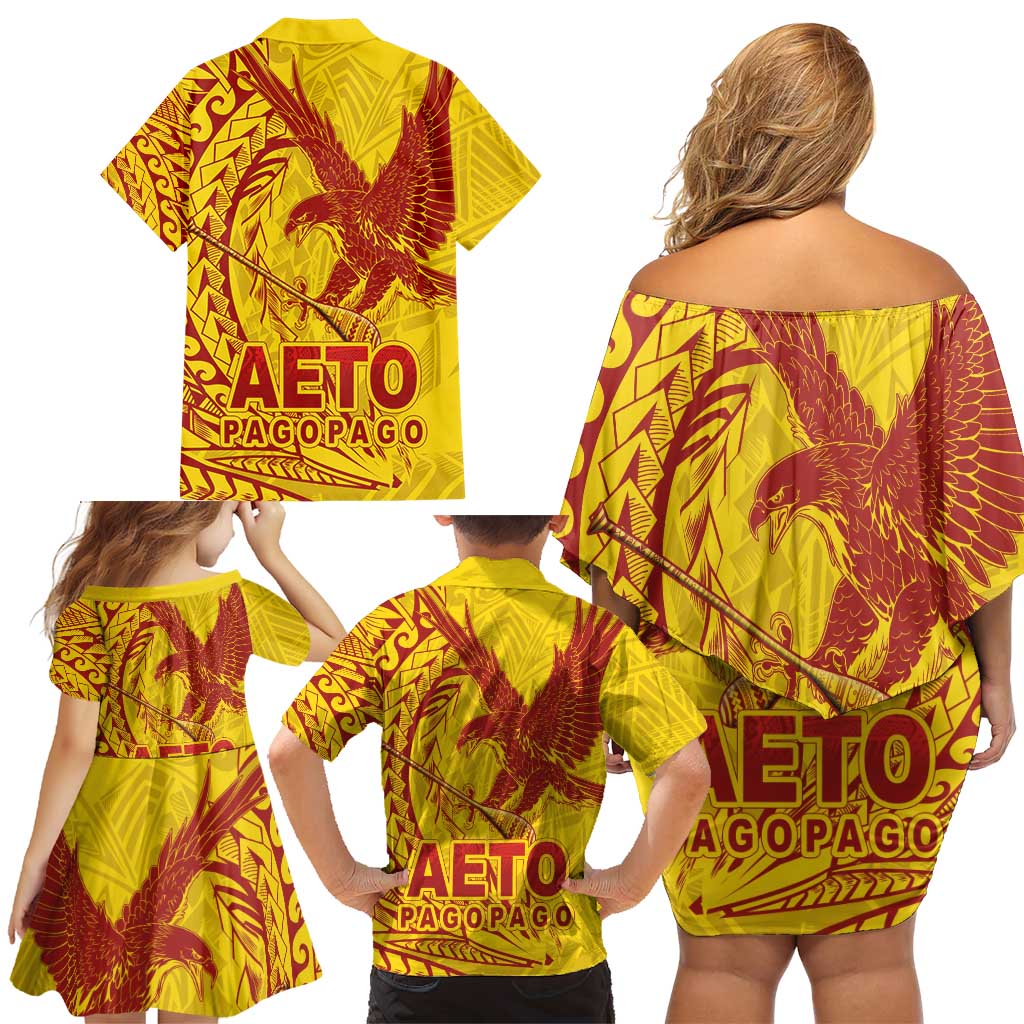 Samoa Pago Pago Aeto Family Matching Off Shoulder Short Dress and Hawaiian Shirt Wingstyle Red-Gold Color - Polynesian Pride