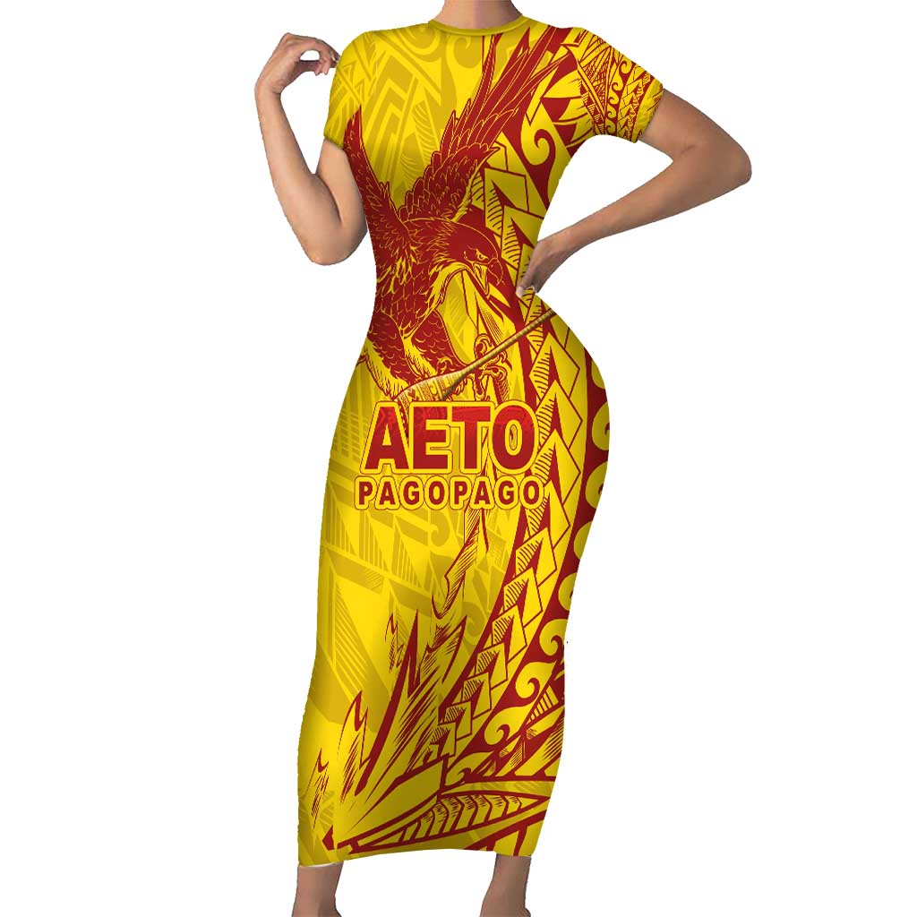 Samoa Pago Pago Aeto Family Matching Short Sleeve Bodycon Dress and Hawaiian Shirt Wingstyle Red-Gold Color - Polynesian Pride