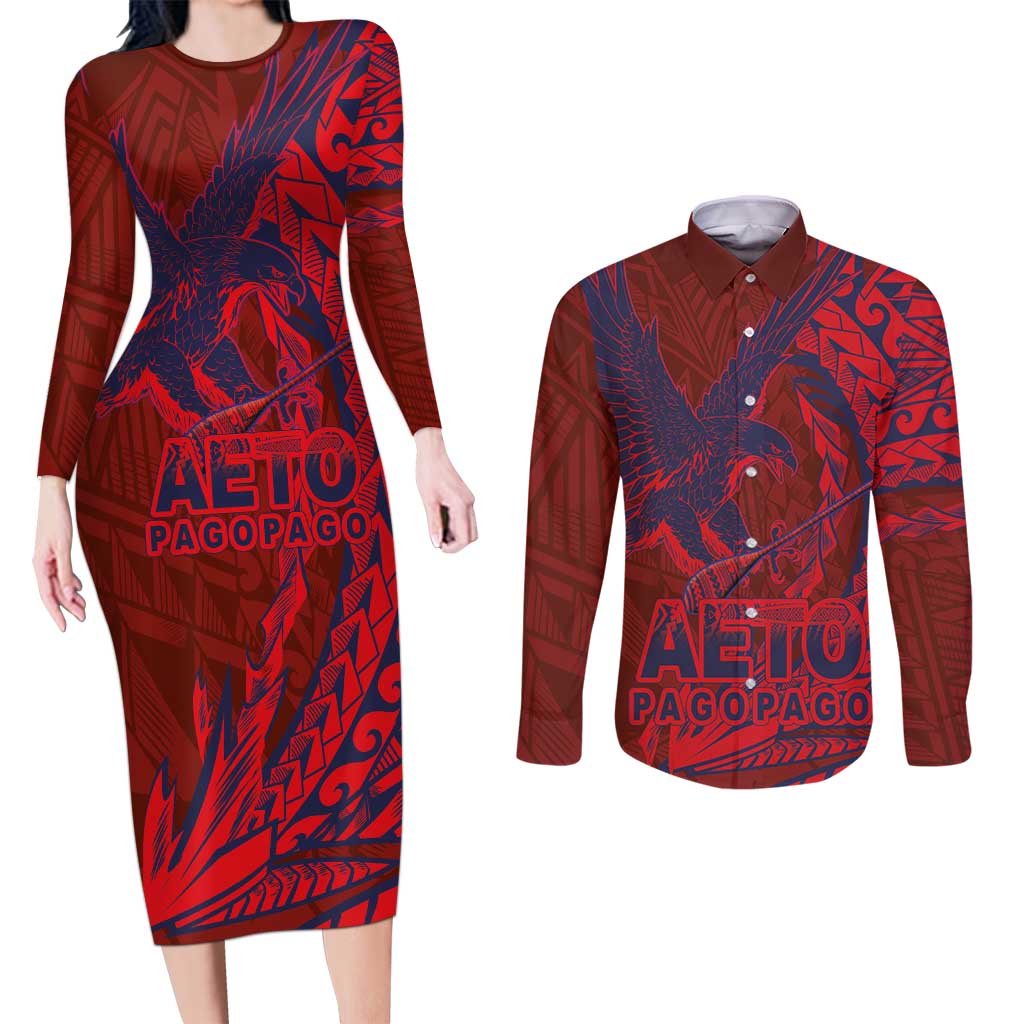 Samoa Pago Pago Aeto Couples Matching Long Sleeve Bodycon Dress and Long Sleeve Button Shirt Wingstyle Red-Blue Color - Polynesian Pride
