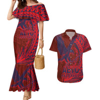 American Samoa Pago Pago Aeto Couples Matching Mermaid Dress and Hawaiian Shirt Wingstyle Red-Blue Color LT03 Red - Polynesian Pride