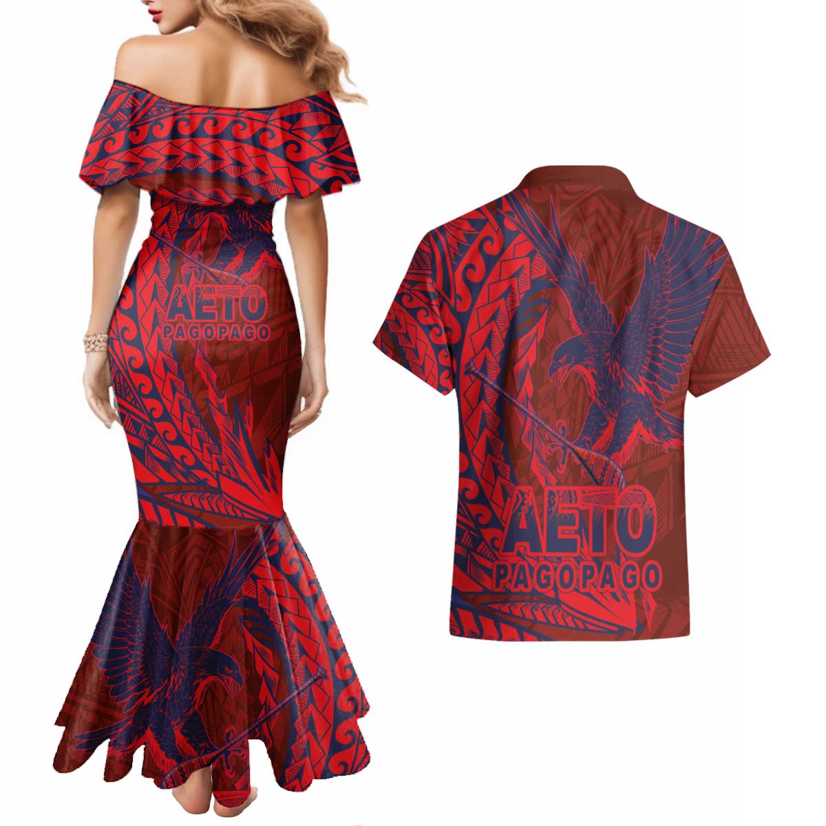 American Samoa Pago Pago Aeto Couples Matching Mermaid Dress and Hawaiian Shirt Wingstyle Red-Blue Color LT03 - Polynesian Pride