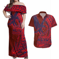 American Samoa Pago Pago Aeto Couples Matching Off Shoulder Maxi Dress and Hawaiian Shirt Wingstyle Red-Blue Color LT03 Red - Polynesian Pride