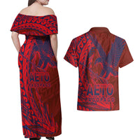 American Samoa Pago Pago Aeto Couples Matching Off Shoulder Maxi Dress and Hawaiian Shirt Wingstyle Red-Blue Color LT03 - Polynesian Pride