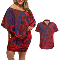 American Samoa Pago Pago Aeto Couples Matching Off Shoulder Short Dress and Hawaiian Shirt Wingstyle Red-Blue Color LT03 Red - Polynesian Pride