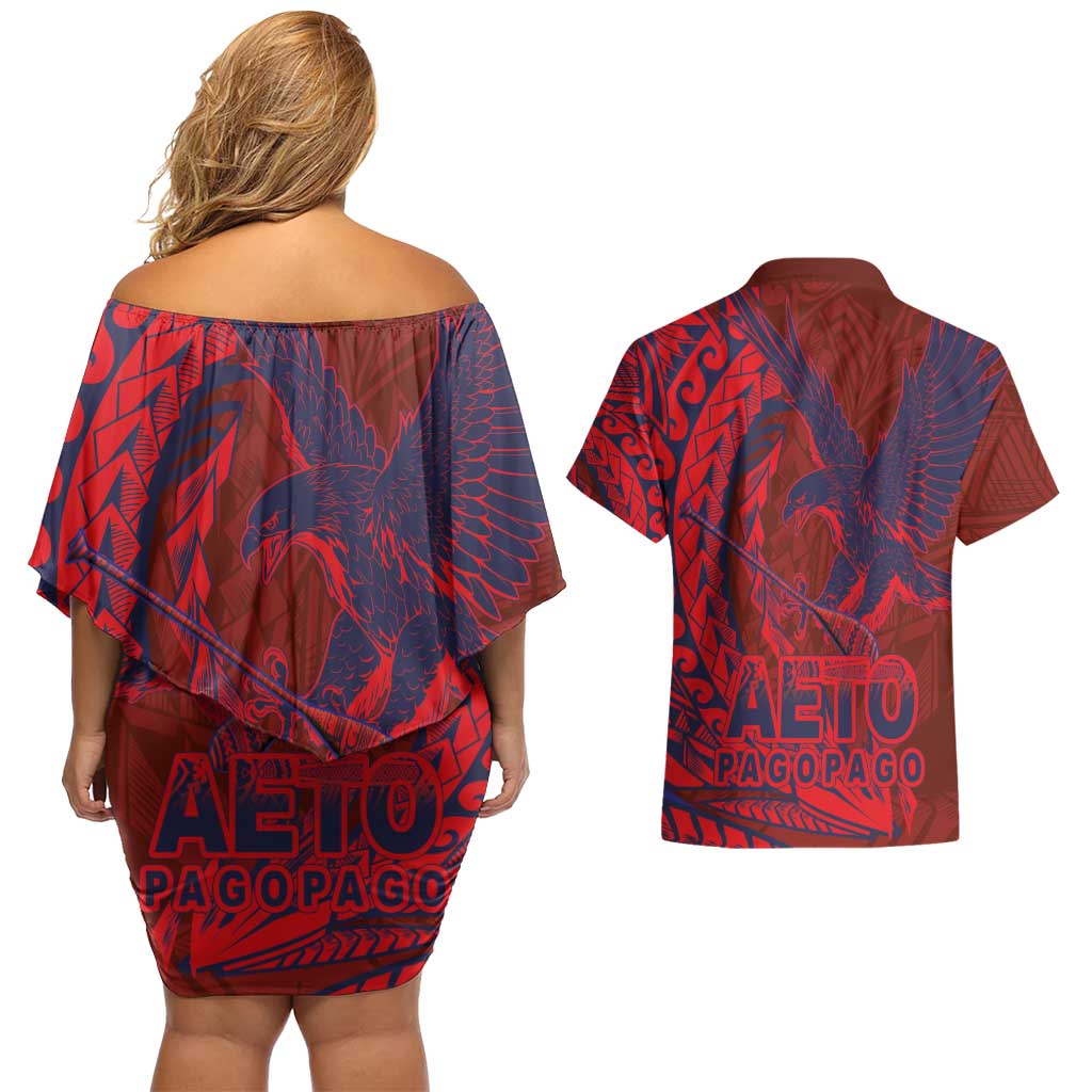 American Samoa Pago Pago Aeto Couples Matching Off Shoulder Short Dress and Hawaiian Shirt Wingstyle Red-Blue Color LT03 - Polynesian Pride