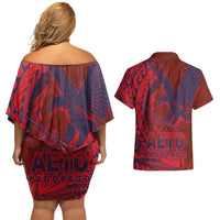 American Samoa Pago Pago Aeto Couples Matching Off Shoulder Short Dress and Hawaiian Shirt Wingstyle Red-Blue Color LT03 - Polynesian Pride
