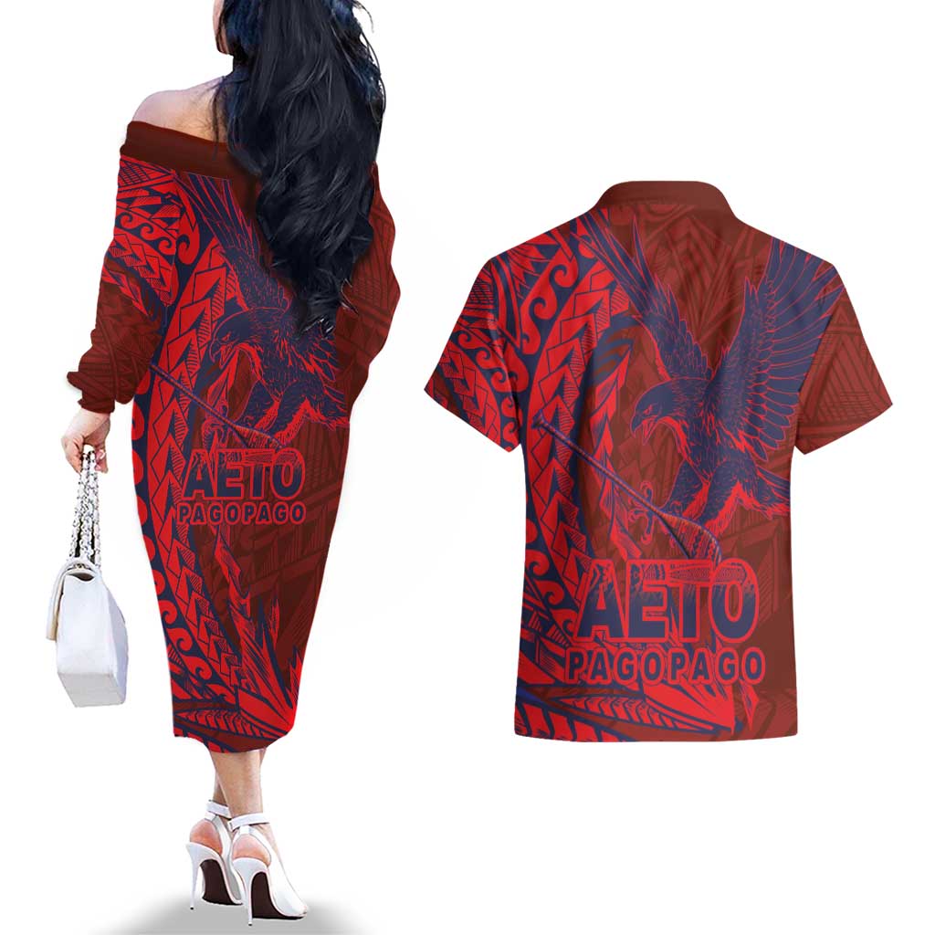 Samoa Pago Pago Aeto Couples Matching Off The Shoulder Long Sleeve Dress and Hawaiian Shirt Wingstyle Red-Blue Color - Polynesian Pride