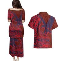 American Samoa Pago Pago Aeto Couples Matching Puletasi and Hawaiian Shirt Wingstyle Red-Blue Color LT03 - Polynesian Pride