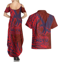 American Samoa Pago Pago Aeto Couples Matching Summer Maxi Dress and Hawaiian Shirt Wingstyle Red-Blue Color LT03 - Polynesian Pride