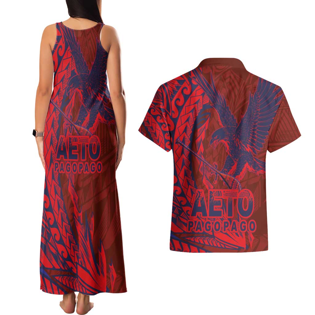 American Samoa Pago Pago Aeto Couples Matching Tank Maxi Dress and Hawaiian Shirt Wingstyle Red-Blue Color LT03 - Polynesian Pride
