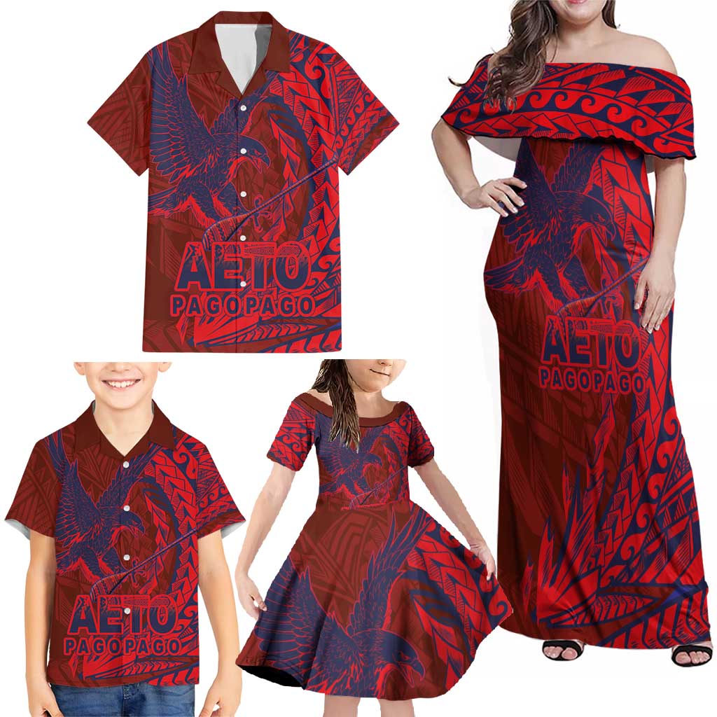 Samoa Pago Pago Aeto Family Matching Off Shoulder Maxi Dress and Hawaiian Shirt Wingstyle Red-Blue Color - Polynesian Pride