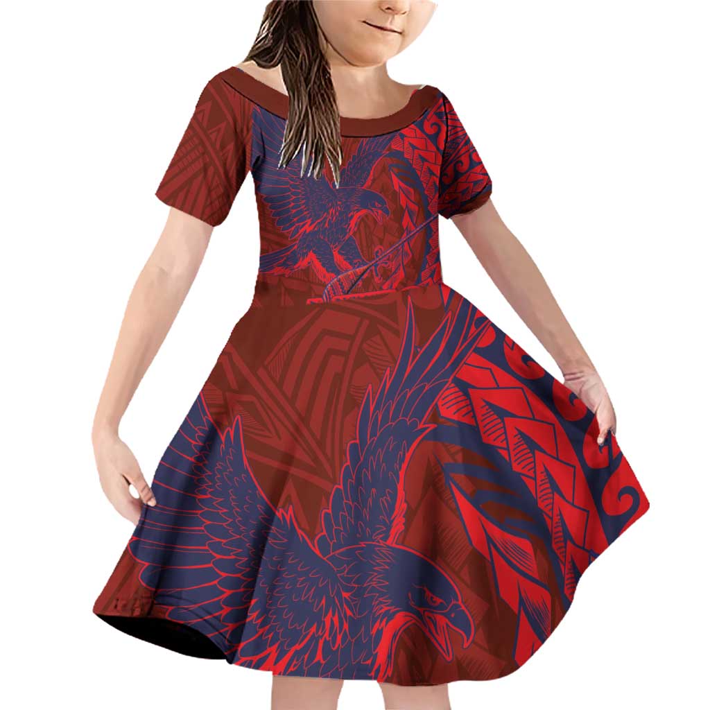 Samoa Pago Pago Aeto Family Matching Off Shoulder Short Dress and Hawaiian Shirt Wingstyle Red-Blue Color - Polynesian Pride