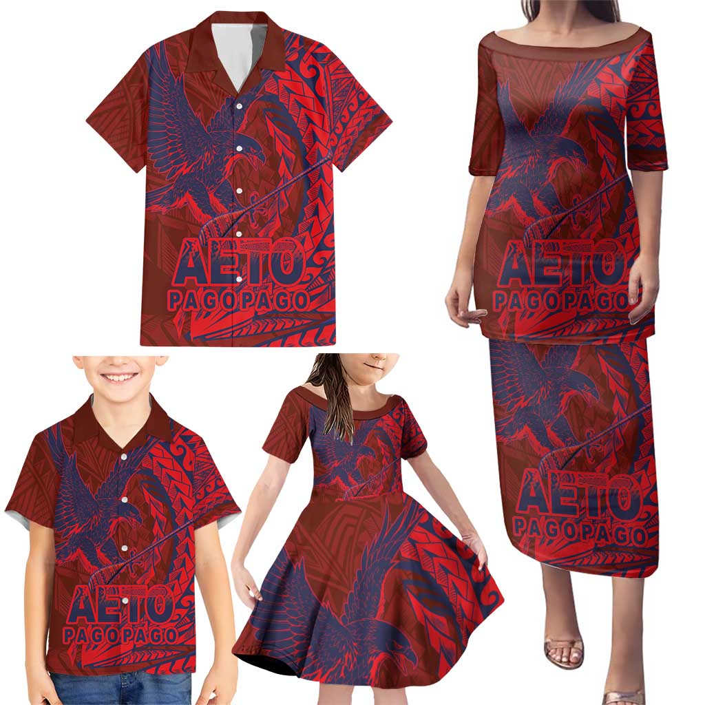 Samoa Pago Pago Aeto Family Matching Puletasi and Hawaiian Shirt Wingstyle Red-Blue Color - Polynesian Pride