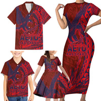 Samoa Pago Pago Aeto Family Matching Short Sleeve Bodycon Dress and Hawaiian Shirt Wingstyle Red-Blue Color - Polynesian Pride