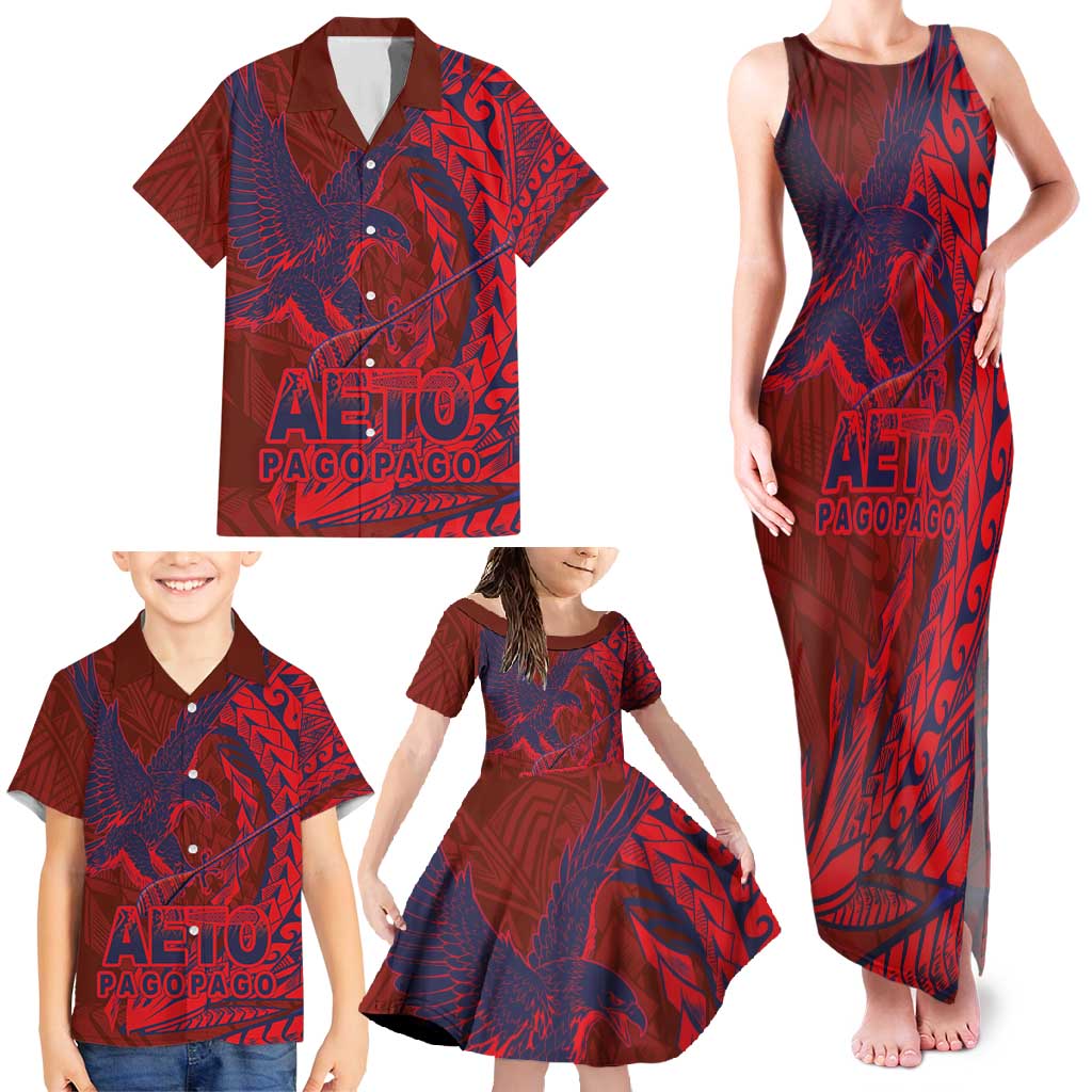 Samoa Pago Pago Aeto Family Matching Tank Maxi Dress and Hawaiian Shirt Wingstyle Red-Blue Color - Polynesian Pride