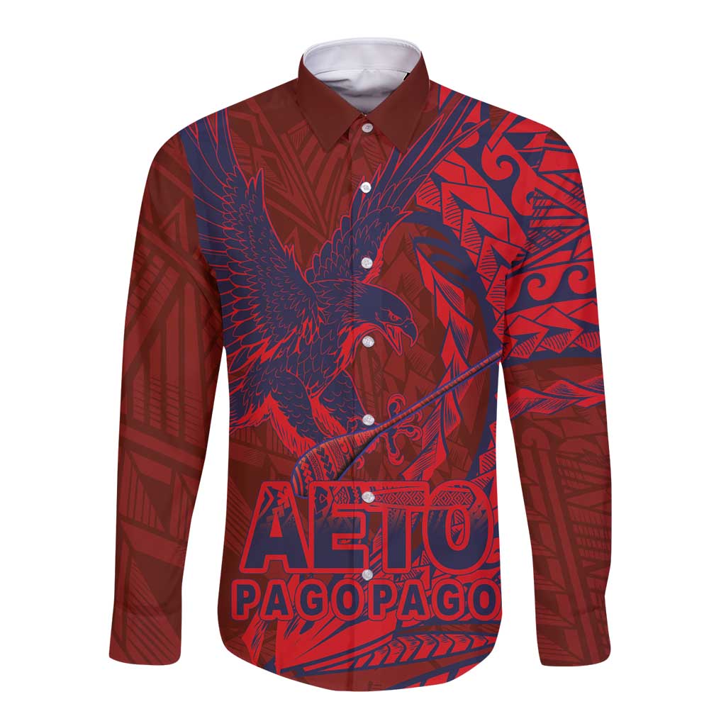 Samoa Pago Pago Aeto Long Sleeve Button Shirt Wingstyle Red-Blue Color - Polynesian Pride