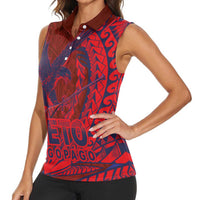 Samoa Pago Pago Aeto Women Sleeveless Polo Shirt Wingstyle Red-Blue Color - Polynesian Pride