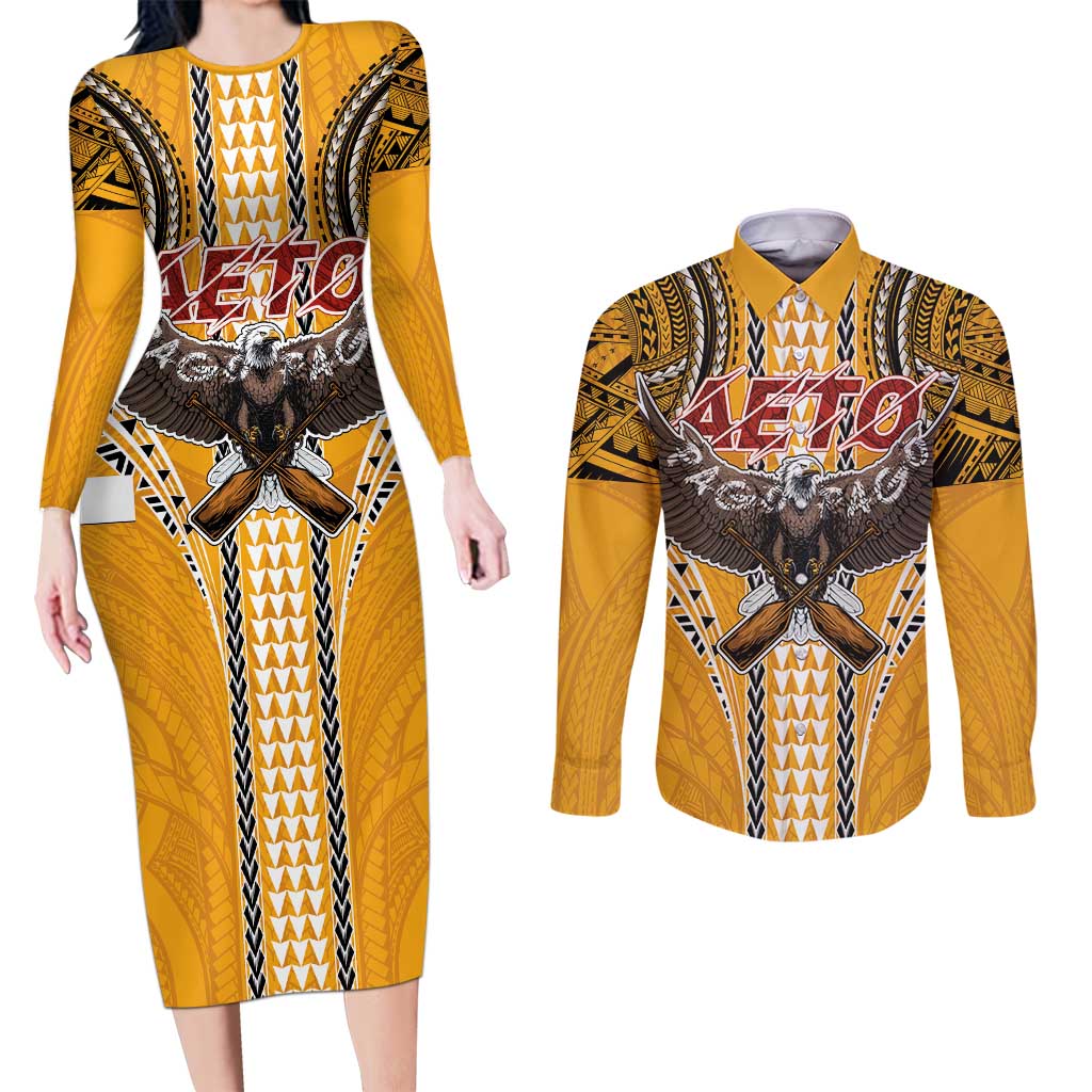 Samoa Pago Pago Aeto Couples Matching Long Sleeve Bodycon Dress and Long Sleeve Button Shirt Bald Eagle with Polynesian Art Tattoos - Polynesian Pride
