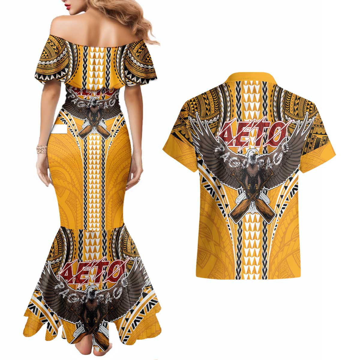 American Samoa Pago Pago Aeto Couples Matching Mermaid Dress and Hawaiian Shirt Bald Eagle with Polynesian Art Tattoos LT03 - Polynesian Pride