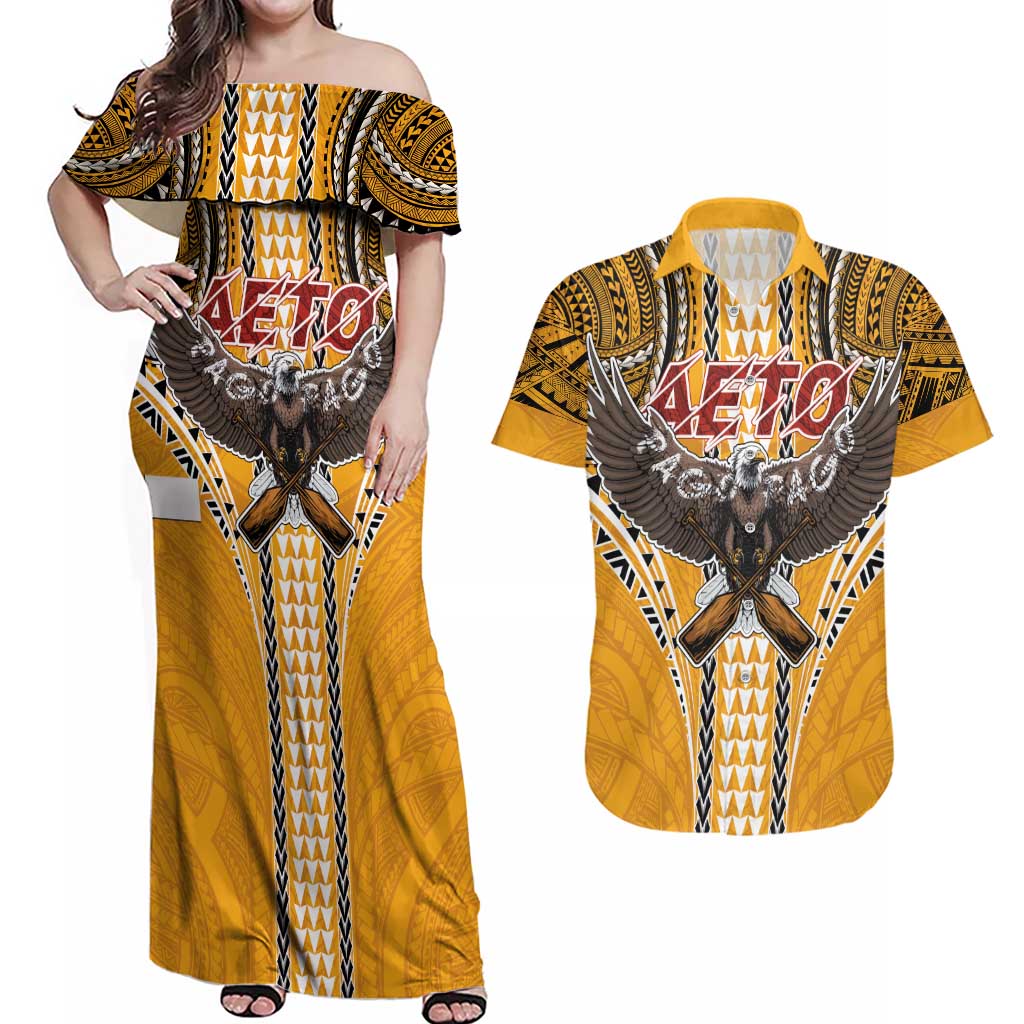 American Samoa Pago Pago Aeto Couples Matching Off Shoulder Maxi Dress and Hawaiian Shirt Bald Eagle with Polynesian Art Tattoos LT03 Yellow - Polynesian Pride
