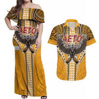 American Samoa Pago Pago Aeto Couples Matching Off Shoulder Maxi Dress and Hawaiian Shirt Bald Eagle with Polynesian Art Tattoos LT03 Yellow - Polynesian Pride