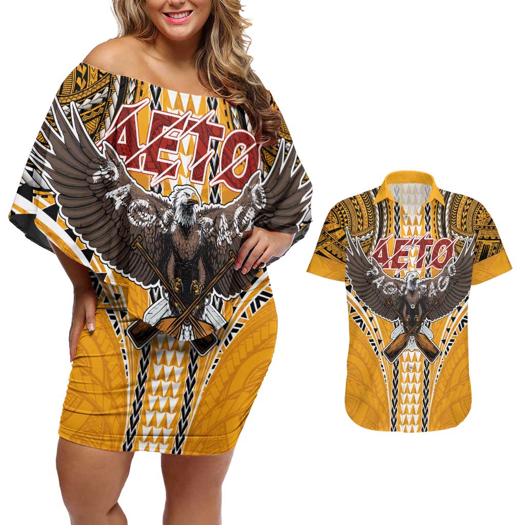 American Samoa Pago Pago Aeto Couples Matching Off Shoulder Short Dress and Hawaiian Shirt Bald Eagle with Polynesian Art Tattoos LT03 Yellow - Polynesian Pride