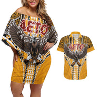 American Samoa Pago Pago Aeto Couples Matching Off Shoulder Short Dress and Hawaiian Shirt Bald Eagle with Polynesian Art Tattoos LT03 Yellow - Polynesian Pride
