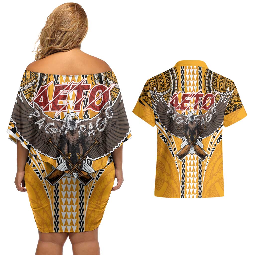American Samoa Pago Pago Aeto Couples Matching Off Shoulder Short Dress and Hawaiian Shirt Bald Eagle with Polynesian Art Tattoos LT03 - Polynesian Pride