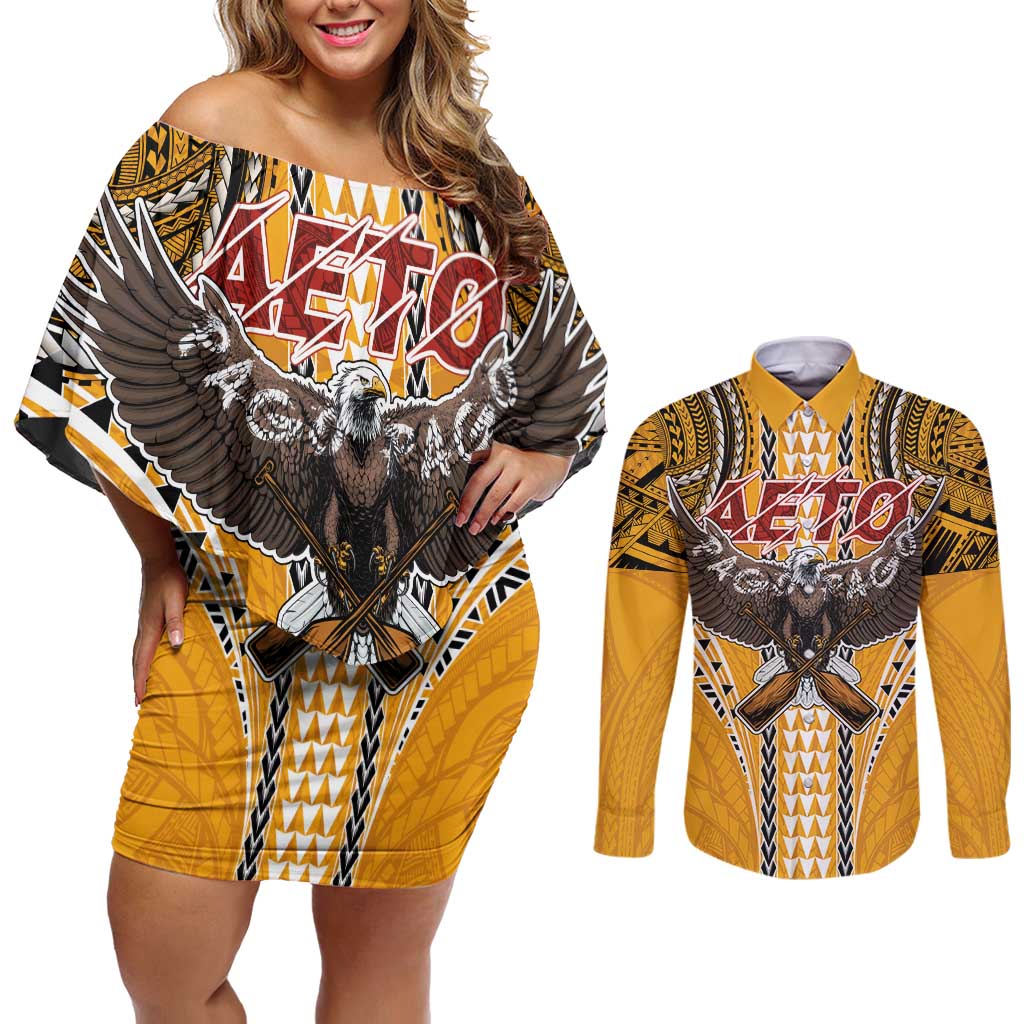 Samoa Pago Pago Aeto Couples Matching Off Shoulder Short Dress and Long Sleeve Button Shirt Bald Eagle with Polynesian Art Tattoos - Polynesian Pride