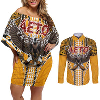 Samoa Pago Pago Aeto Couples Matching Off Shoulder Short Dress and Long Sleeve Button Shirt Bald Eagle with Polynesian Art Tattoos - Polynesian Pride