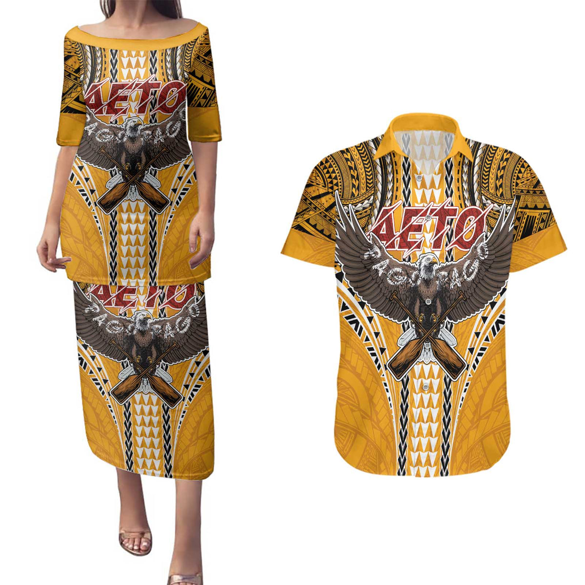 American Samoa Pago Pago Aeto Couples Matching Puletasi and Hawaiian Shirt Bald Eagle with Polynesian Art Tattoos LT03 Yellow - Polynesian Pride