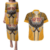 American Samoa Pago Pago Aeto Couples Matching Puletasi and Hawaiian Shirt Bald Eagle with Polynesian Art Tattoos LT03 Yellow - Polynesian Pride
