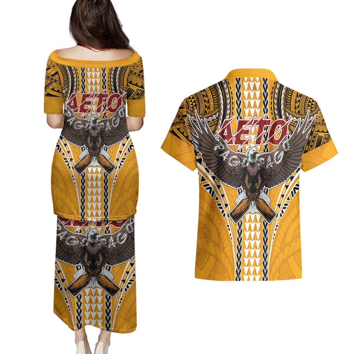 American Samoa Pago Pago Aeto Couples Matching Puletasi and Hawaiian Shirt Bald Eagle with Polynesian Art Tattoos LT03 - Polynesian Pride