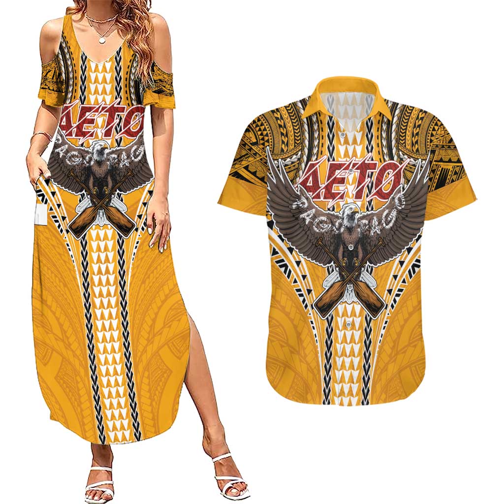 American Samoa Pago Pago Aeto Couples Matching Summer Maxi Dress and Hawaiian Shirt Bald Eagle with Polynesian Art Tattoos LT03 Yellow - Polynesian Pride