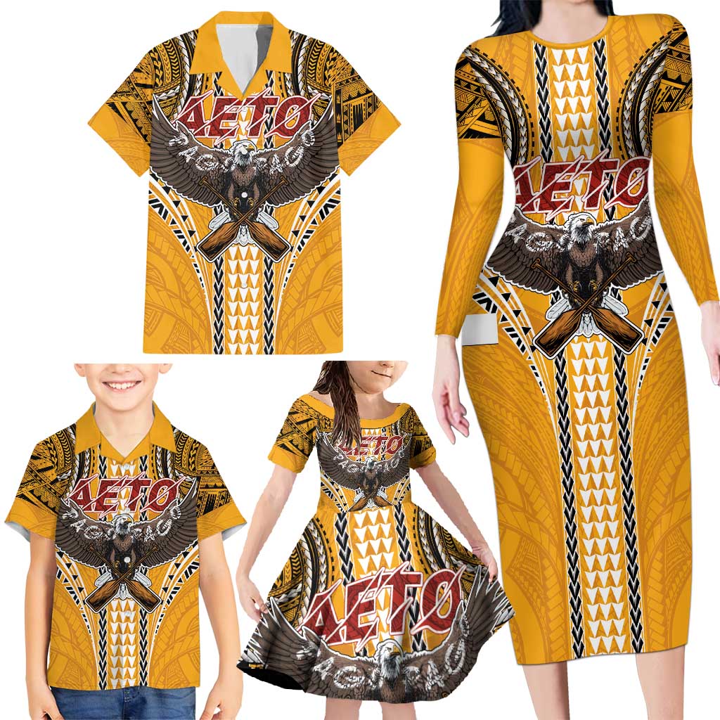 Samoa Pago Pago Aeto Family Matching Long Sleeve Bodycon Dress and Hawaiian Shirt Bald Eagle with Polynesian Art Tattoos - Polynesian Pride