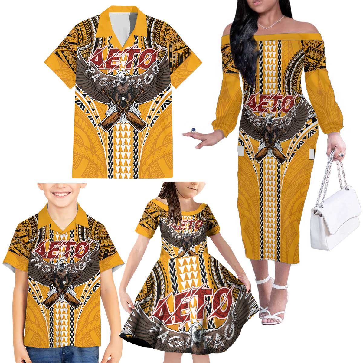 Samoa Pago Pago Aeto Family Matching Off The Shoulder Long Sleeve Dress and Hawaiian Shirt Bald Eagle with Polynesian Art Tattoos - Polynesian Pride