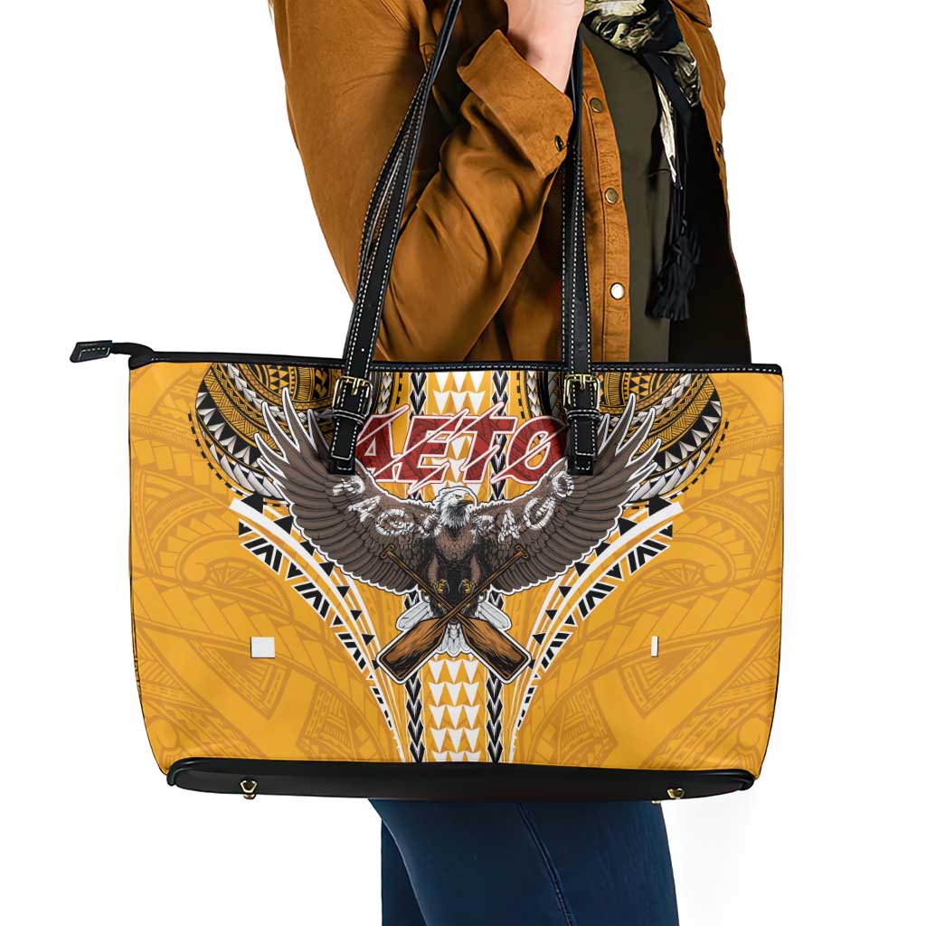 Samoa Pago Pago Aeto Leather Tote Bag Bald Eagle with Polynesian Art Tattoos - Polynesian Pride