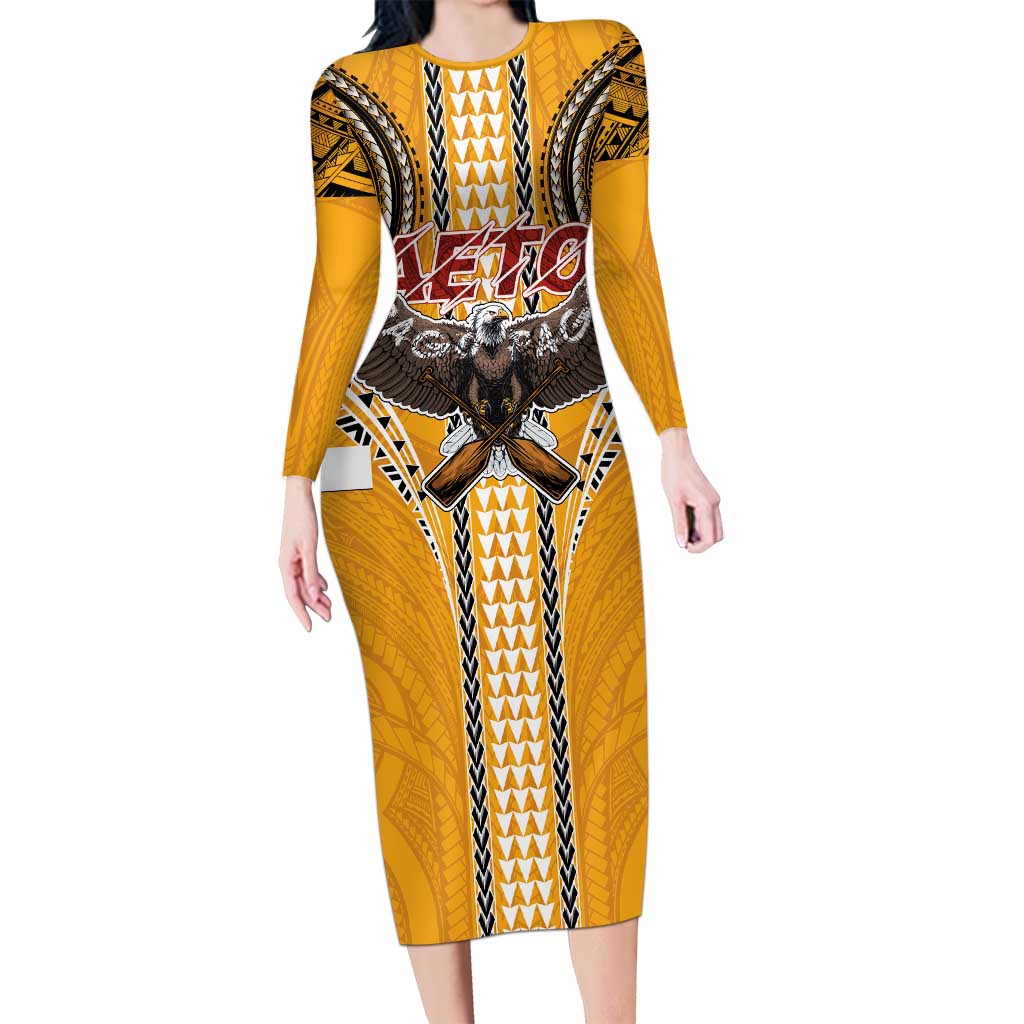 Samoa Pago Pago Aeto Long Sleeve Bodycon Dress Bald Eagle with Polynesian Art Tattoos - Polynesian Pride