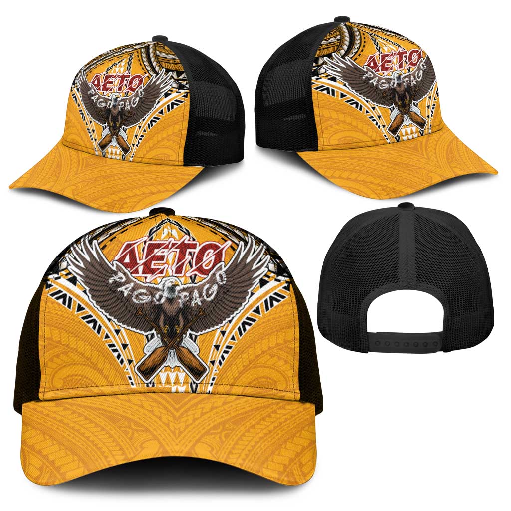 American Samoa Pago Pago Aeto Mesh Trucker Cap Bald Eagle with Polynesian Art Tattoos - Polynesian Pride