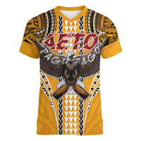 Samoa Pago Pago Aeto Women V-Neck T-Shirt Bald Eagle with Polynesian Art Tattoos - Polynesian Pride